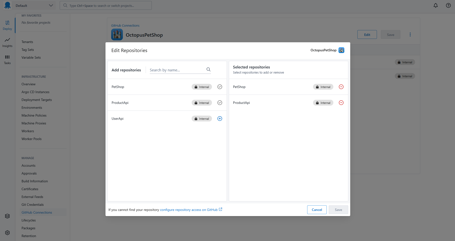 Screenshot of Octopus Deploy GitHub Connections screen for OctopusPetShow in edit mode showing PetShop and ProductAPI repositories selected and UserAPI deselected. Configure repository access in the Octopus Deploy app on GitHub link is shown at the bottom of the page