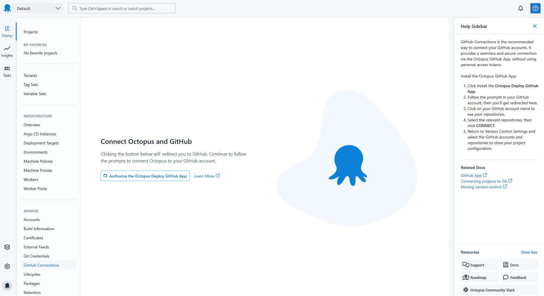 Screenshot of GitHub Connections screen showing the Authorize Octopus Deploy GitHub App button