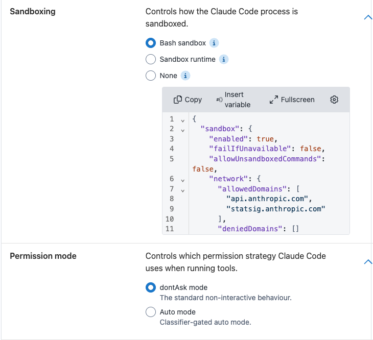The Sandboxing and Permission mode controls in the Claude Agent Step editor