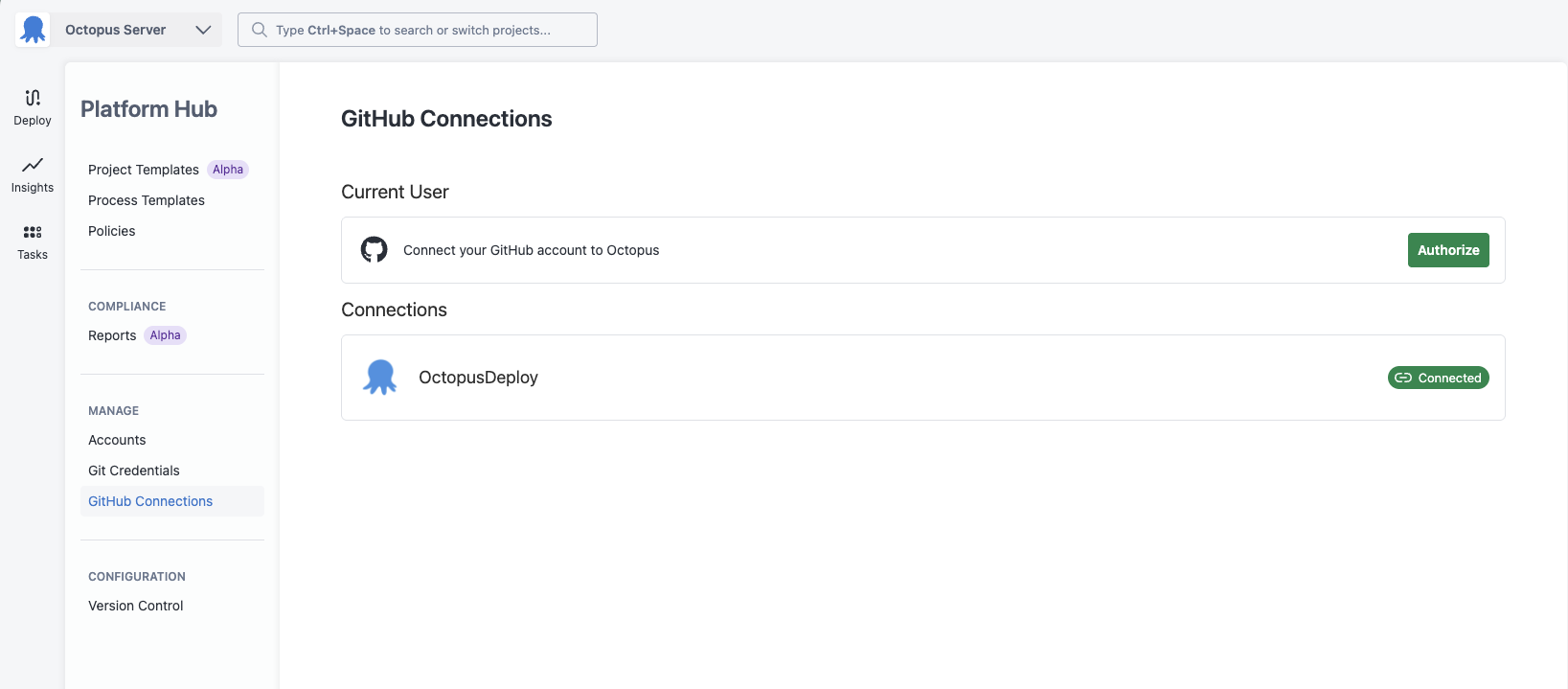 GitHub Connections page in Platform Hub
