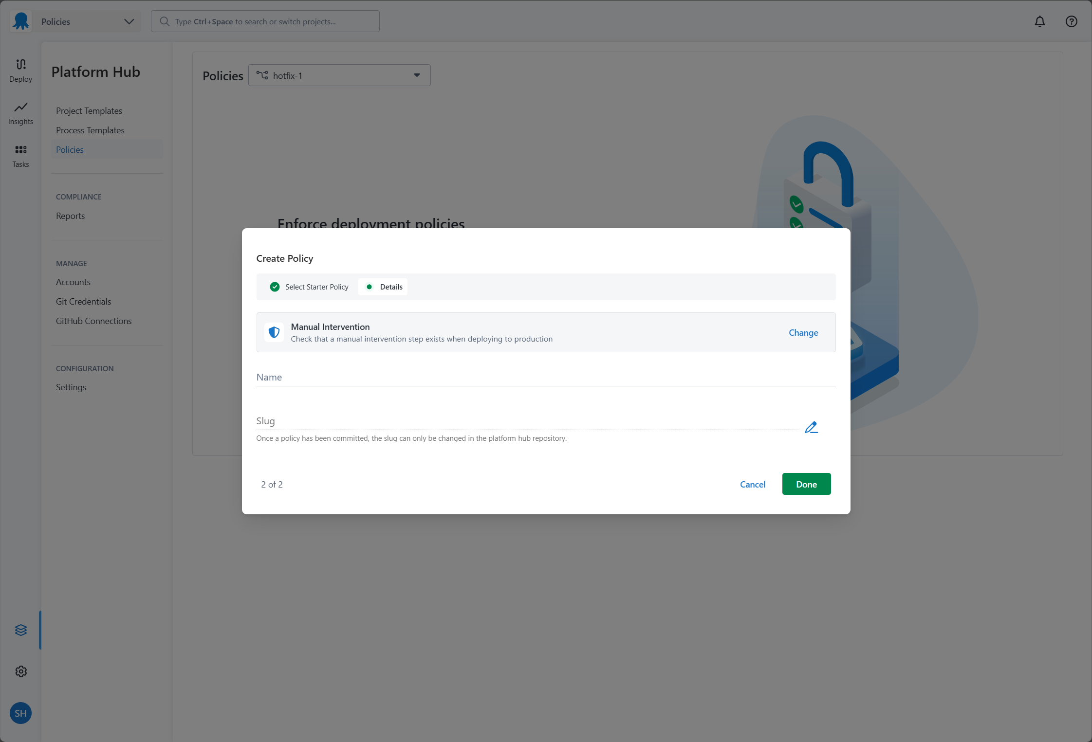A modal to create a new policy