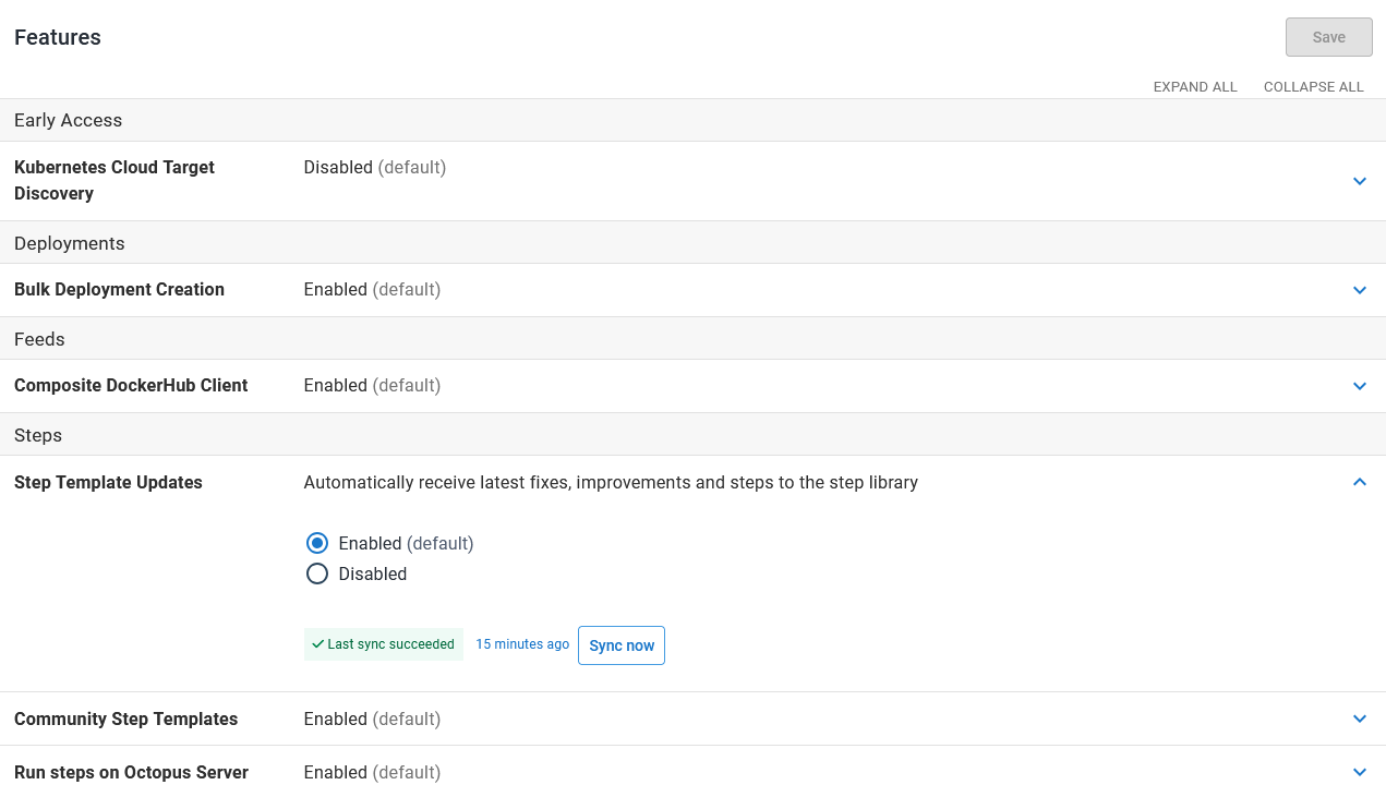 Step Template Updates feature toggle in Configuration ➜ Features